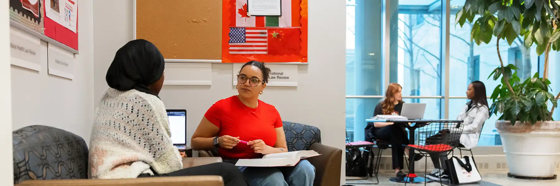 Two pairs of students chat in a lounge. Various nations' flags are hung on a bulletin board, and a large potted plant livens the space.